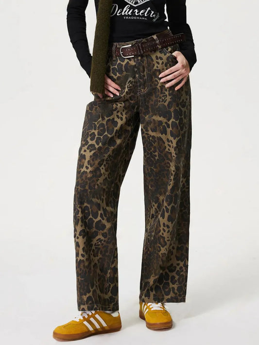 New retro leopard print straight leg denim pants